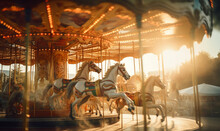 Abstract Vintage European Carousel With Gold And Metallic Horse Rides. Generative Ai