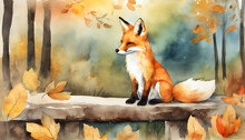 A Watercolour Paining Of A Cute Fox In A Forest
