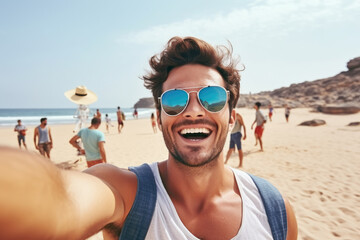 Canvas Print - Man capturing selfie on beach. This image can be used to depict travel, vacation, or social media usage.