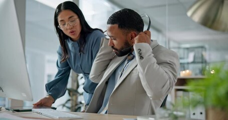 Poster - Business people, call center and coaching in teamwork, collaboration or planning in customer service at office. Man and woman consultant or agent in staff training, contact us or telemarketing ideas