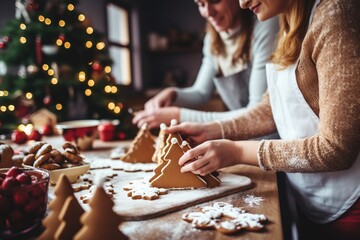 Wall Mural - Couple making Christmas cookies in the kitchen at home. Christmas and New Year concept.