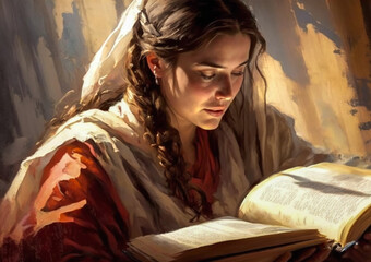 Image of a medieval or pre-medieval woman (fictitious female) reading the Bible and receiving a revelation. Concept image of Christianity, Faith and Learning, Miracles and Resurrection.