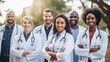 © Kowit - Leadership, teamwork and portrait doctors in hospital with support and success in healthcare. Health, help, and medicine, confident senior doctors happy medical employees smile together. Generative Ai