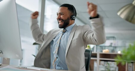 Poster - Happy businessman, call center and fist pump in celebration, winning or promotion in customer service at office. Excited man, consultant or agent in happiness for bonus, sale or telemarketing success