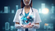 Female medicine doctor hold healthcare medical icons for the Health insurance concept. Generative AI