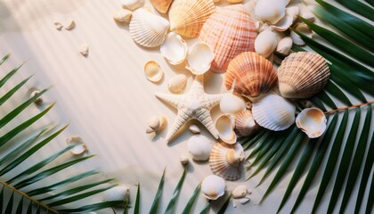 Seashells and sand background. Summer beach sea background.