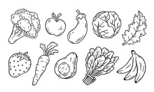 Vegetable And Fruit Doodle Line Set. Freehand Doodle Hand Drawn Sketch Style Drawing Fruit And Vegetables. Vector Illustration