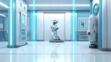 White Robot With Blue Neon In Hospital Corridor Background.