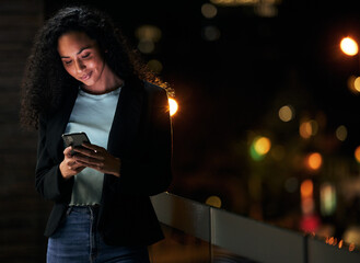 Poster - Phone, rooftop and professional woman typing internet search, scroll on website or contact social media user. City mockup space, cellphone and night person check mobile app, feedback or reading email