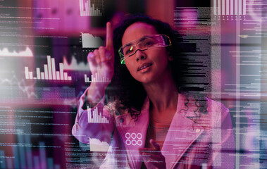 Aufkleber - Business woman, night and screen data analysis with VR, analytics and digital overlay for future technology. Analyst, graph and IT in 3D market research and statistics with code, press and hologram
