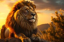 A Proud Lion Watching Over His Pride At Sunset