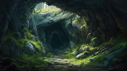 illustration of two caves are covered with moss high in the mountains. Tunnel in the rocks, Entrance to the ancient cave, wildlife, beauty of nature, thickets, Grotto