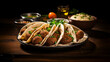 Large plate with falafel, sauce and salad on a dark background, restaurant concept
