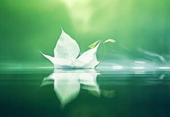 Wall Mural - White transparent leaf on mirror surface with reflection on green background macro.