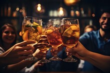 Group of friends clinking glasses with drinks at bar counter, close up, Close up of group of people clinking glasses with cocktails in pub, AI Generated