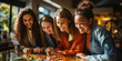 Inspiring group of women in vibrant casual clothes, joyfully collaborating on a puzzle in a creative corporate environment foster diversity and inclusion.
