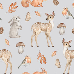 Seamless pattern with deer, rabbit, squirrel, bird, butterfly, pine cone, leaves, boletus and acorn. Woodland animals. Autumn forest background. Hand drawn watercolor fall illustration for wallpaper