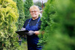 Portrait senior gardener woman sells thuja trees on background garden shop, control flowers and plants. Concept online farm for sales