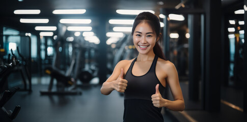 Wall Mural - Smiling Woman, fitness and thumbs up to health, workout and training to live an active, wellness and healthy lifestyle with gym. Personal trainer