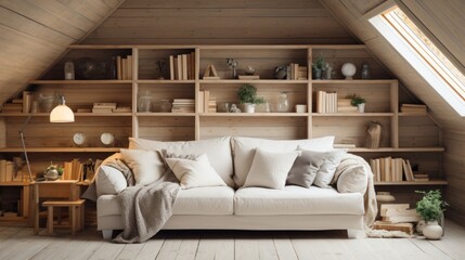Wall Mural - Cream-colored sofa with several pillows near a wood-paneled wall with shelves. Scandinavian interior design of a modern-style living room in the loft