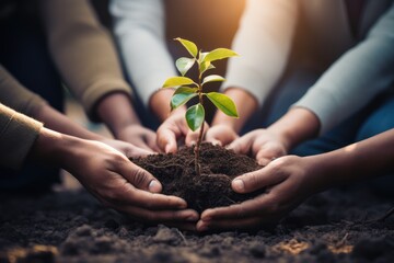 Plants, sustainability and the earth in the hands of business people for teamwork, support or environment Collaborating, growing, and investing in people and the soil for the future.