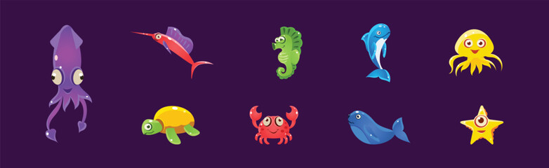 Poster - Funny Sea Animals and Underwater Creature Vector Set