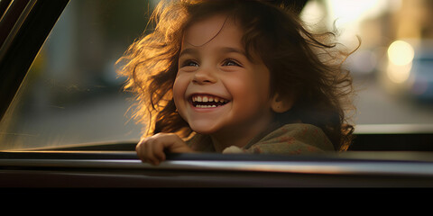 Sticker - a little girl smiling mischievously out of a car window.