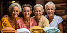 Joyous Mature Women In Towels, Enjoying A Spa Day With Facial Masks In A Rustic Sauna, Symbolizing Togetherness, Ageless Beauty And Self-care.