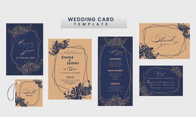 Wall Mural - Floral Wedding Card Suite Templates Layout In Brown and Blue Color.