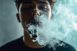 Close-up mouth of man smoke inhaling, breathing and smoke electronic cigarett