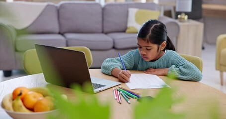 Wall Mural - Girl, kid and laptop, education and e learning with writing, assessment and study at table in living room. Internet, student and homework online with activity on paper and school at family home