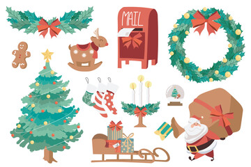 Poster - New Year mega set elements in flat design. Bundle of festive fir tree, holly wreath with bows, cookie, reindeer, mailbox, garland, Santa Clause with gifts. Vector illustration isolated graphic objects