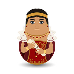 Wall Mural - A lady of the court. A woman in a traditional red medieval costume holds a scroll in her hands. Design tilting toy. Modern kawaii dolls for your business project. Flat vector.