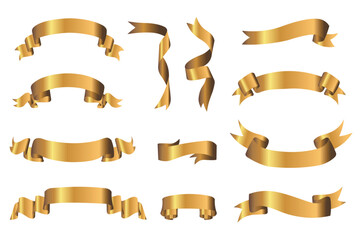 Poster - Gold ribbons mega set elements in flat design. Bundle of decorative shiny golden ribbons with empty space, swirling and scrolling holiday greeting banners. Vector illustration isolated graphic objects