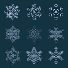 Wall Mural - Snowflakes mega set elements in flat design. Bundle of different types of symmetric and geometric ornate snow shapes, frozen crystal thin silhouettes. Vector illustration isolated graphic objects