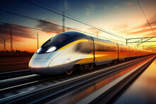 A Modern High-speed Train Moves Along The Railway Tracks In The Evening Against The Backdrop Of Sunset. High-speed Passenger Rail Transport.