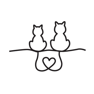 Two Cats With Heart Shaped Tails. Vector Illustration Art.