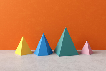 Aufkleber - Three-dimensional prism pyramid objects on orange or yellow colored background. Simplicity and harmony concept.