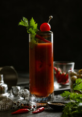 Wall Mural - Bloody mary cocktail with red hot peppers and celery on wooden background with bar shaker
