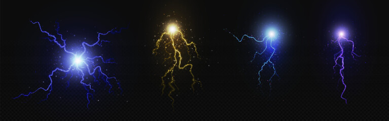 Poster - Electric lightning energy explosion ball vector. 3d thunder circle explosion light in blue, yellow and purple. Thunderbolt crack glow effect. Abstract discharge isolated on transparent background.
