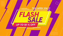 Modern Orange Purple Flash Sale Background. Design With Bolt, Lines And Fast Effect. 50 % Big Sale Banner