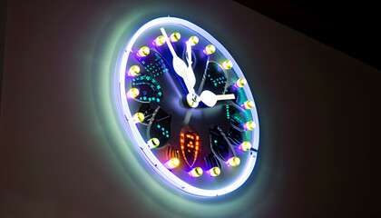 Wallclock in the night made of disco lights