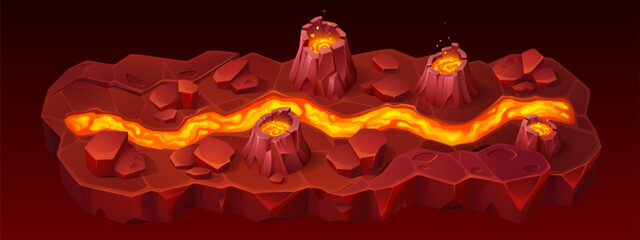 Poster - volcano road ui mobile game level map cartoon background. gui volcanic eruption with lava path templ