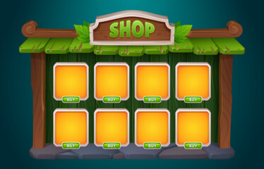 Poster - shop game interface design - cartoon vector illustration wooden frame with card for item and button 
