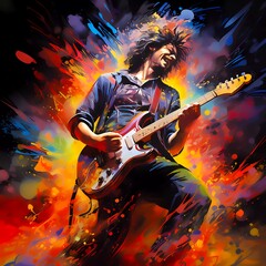 An image of a rock star performing on stage in a vibrant art style