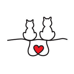 two cats with heart shaped tails. vector illustration art.