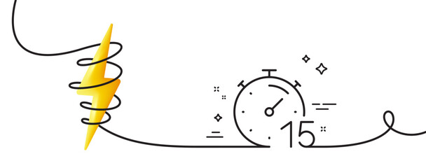 Poster - timer 15 minutes line icon. continuous one line with curl. stopwatch time sign. countdown clock symb
