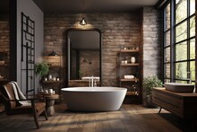Cozy Loft Bathroom Interior With Mirror And Comfortable Bathtub
