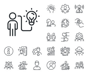 Person with lightbulb sign. Specialist, doctor and job competition outline icons. Business idea line icon. Work process symbol. Business idea line sign. Avatar placeholder, spy headshot icon. Vector