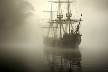 A Ghostly Pirate Ship Emerges From A Thick Mist, Its Eerie Glow Sparking Legends Of Haunted Seas And Cursed Voyages
